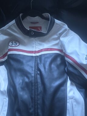 EXCHANGE Leather Jacket with White and Black Panels and Red Label Biker Jacket